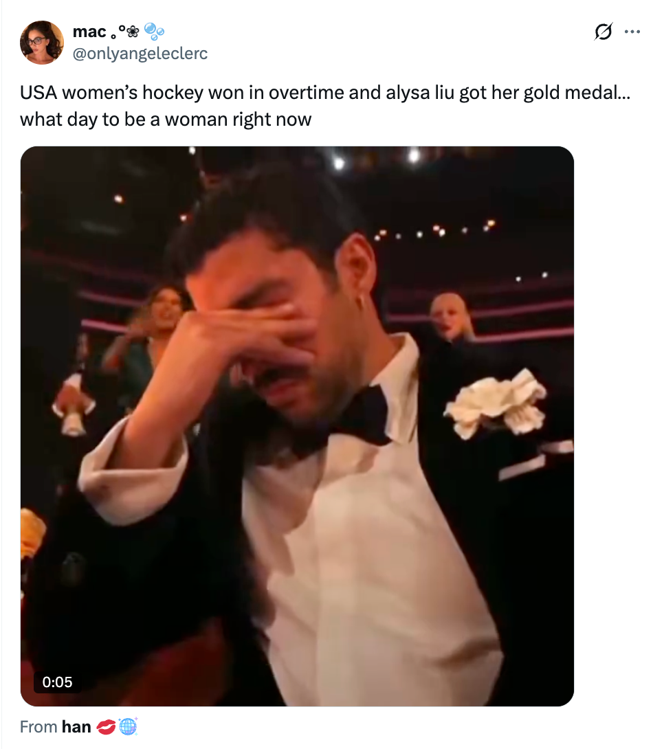 Person successful ceremonial deterioration appears affectional astatine an event. Tweet caption mentions USA women's hockey triumph and Alysa Liu's golden medal