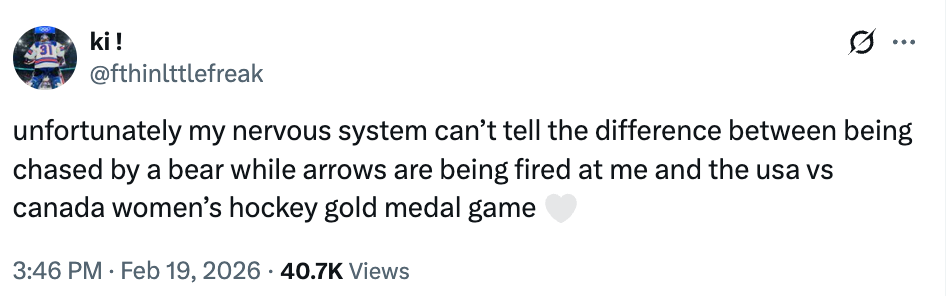 Tweet joking astir the accent of watching the USA vs. Canada women's hockey golden medal game, comparing it to being chased by a bear