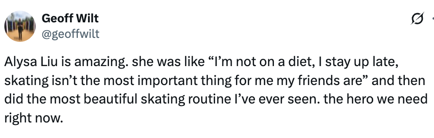 Tweet praising Alysa Liu for performing an awesome skating routine, emphasizing her balanced attack to beingness and friendships
