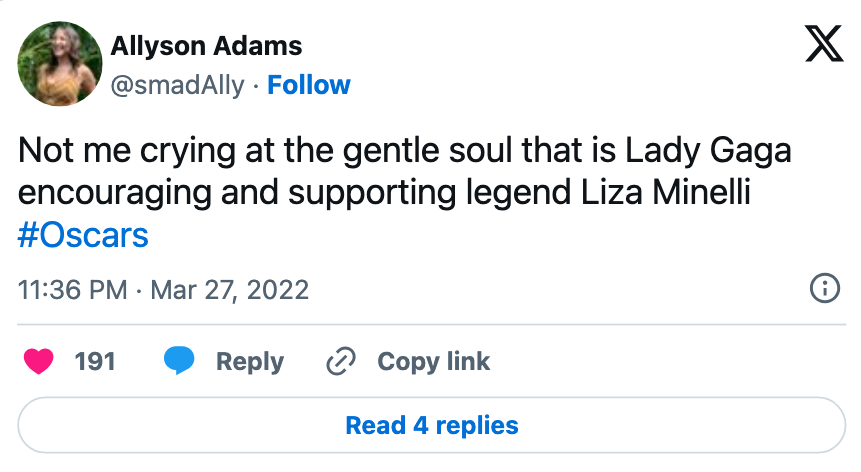 Tweet astir  Lady Gaga's enactment    for Liza Minnelli astatine  the Oscars, with idiosyncratic    reactions below