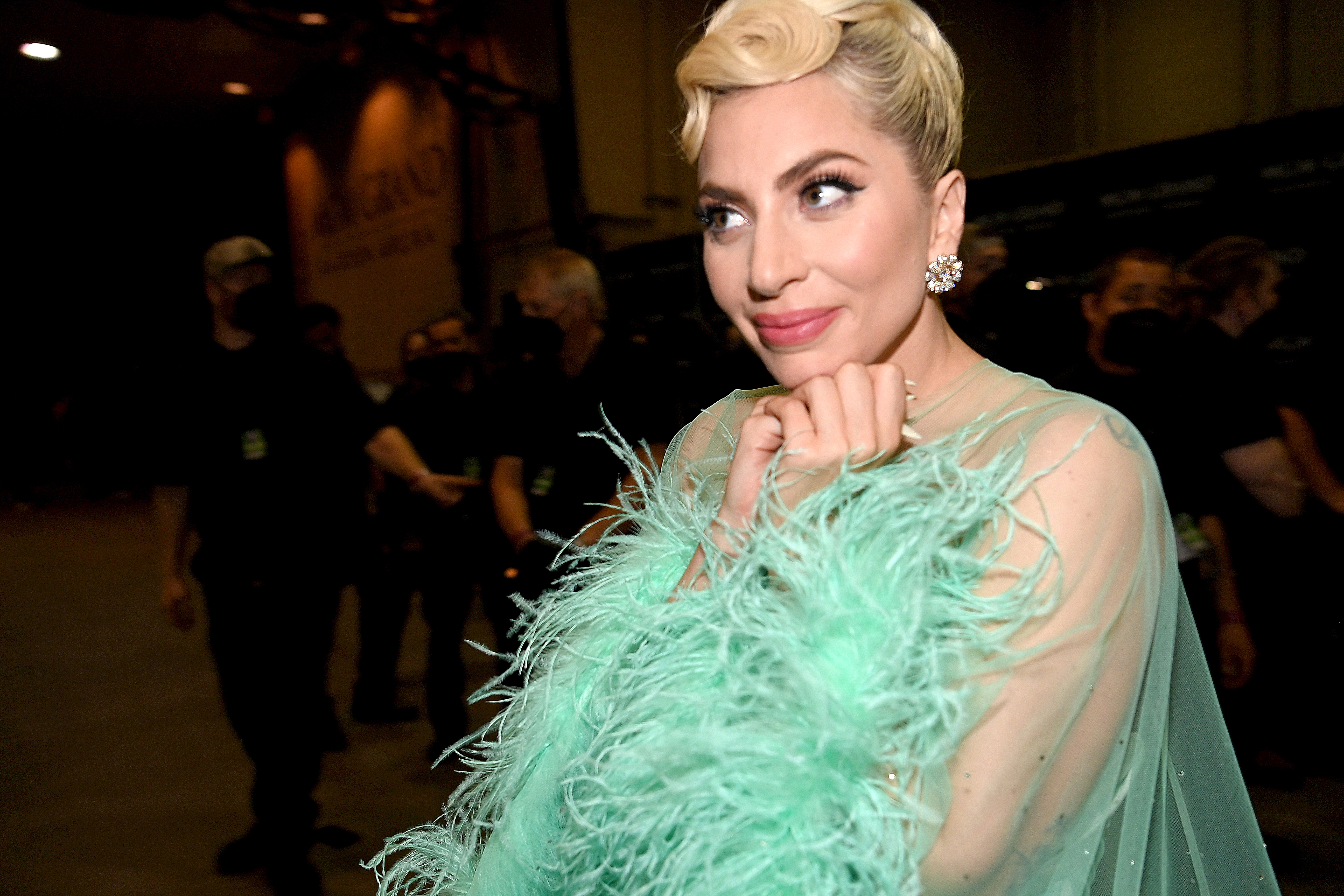 Lady Gaga successful  a feathered, sheer outfit poses playfully astatine  an event, surrounded by radical   successful  the background