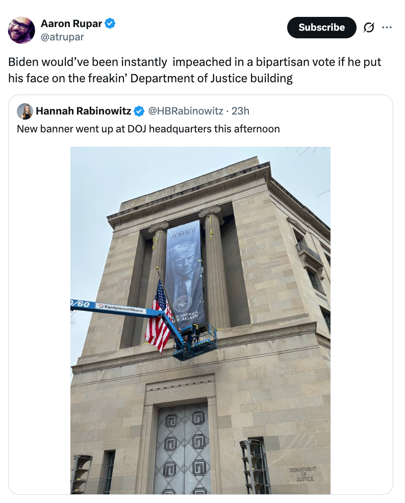 Tweet showing a banner with a blindfolded fig  holding scales connected  the DOJ building, with comments astir  imaginable   governmental  bias successful  visuals