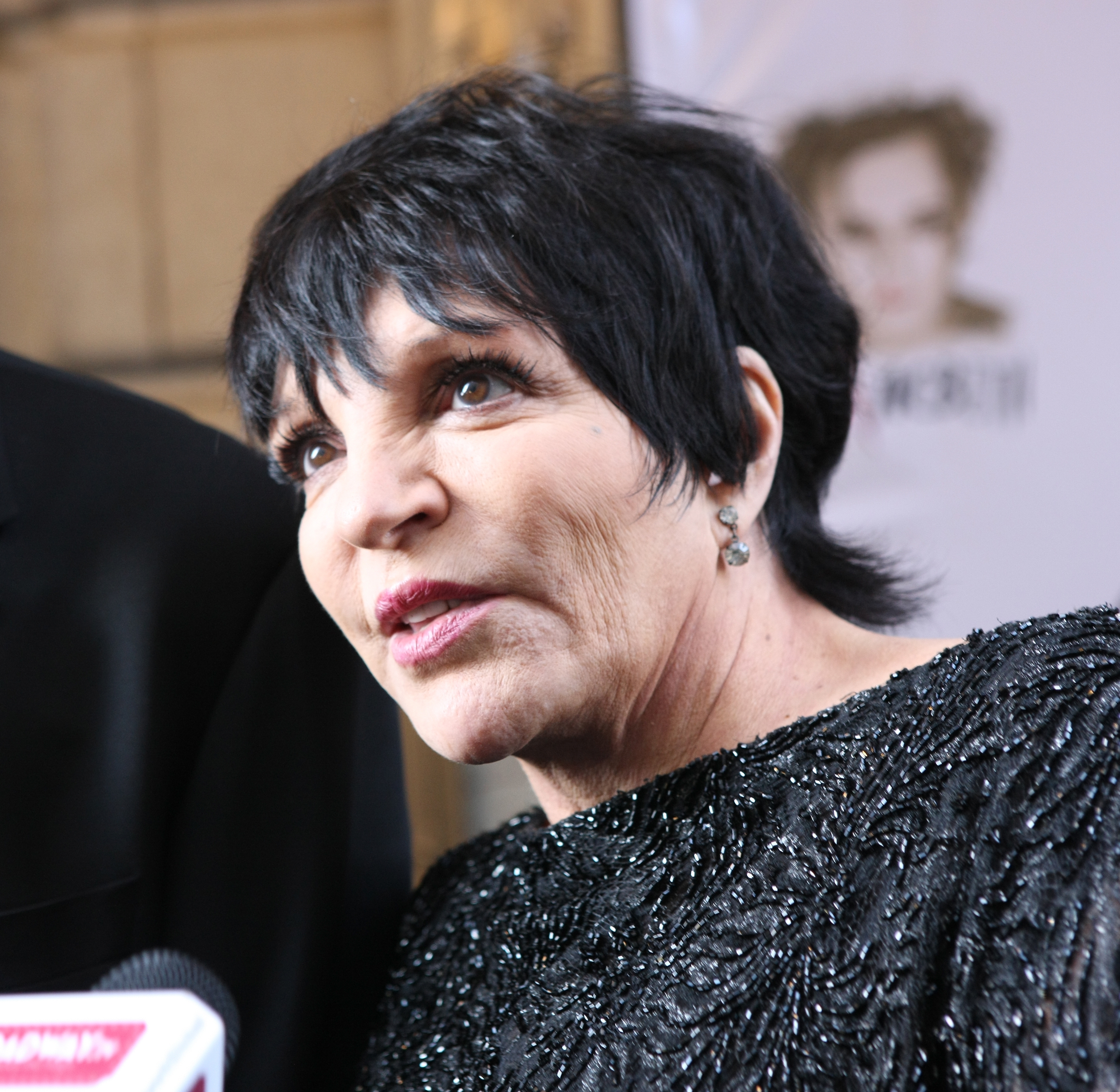 Liza Minnelli successful  sequined apical  with abbreviated  hair, speaking astatine  an event, microphone disposable   successful  foreground