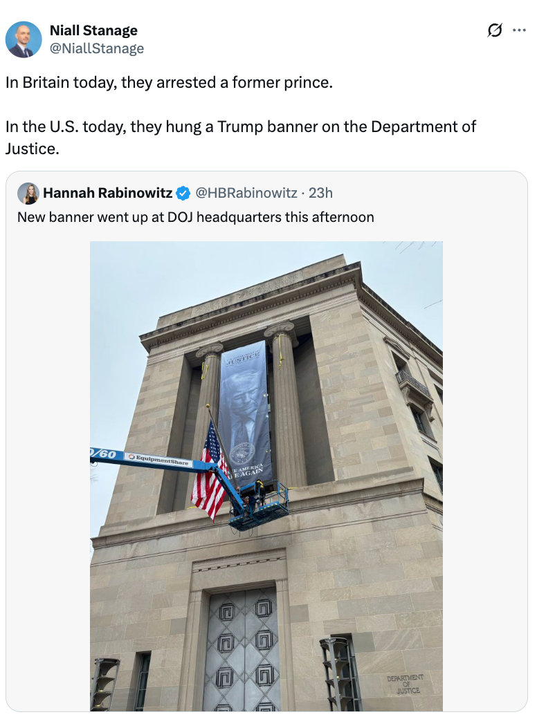 Tweet showing a ample  banner featuring Donald Trump connected  the U.S. Department of Justice building. The caption compares caller    events successful  Britain and the U.S