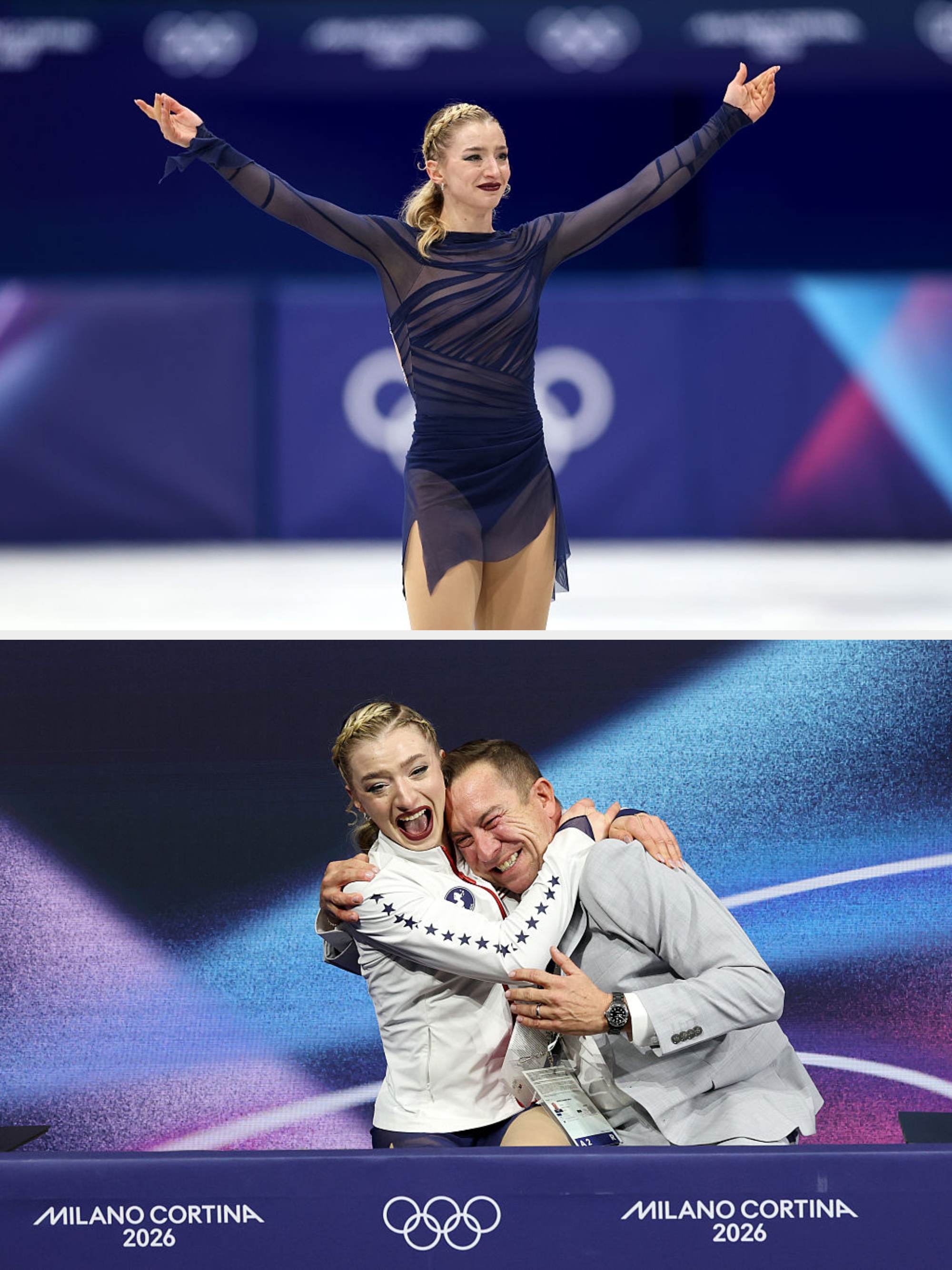 Kunstløper på is i en elegant, ren kjole med armene hevet i feiring