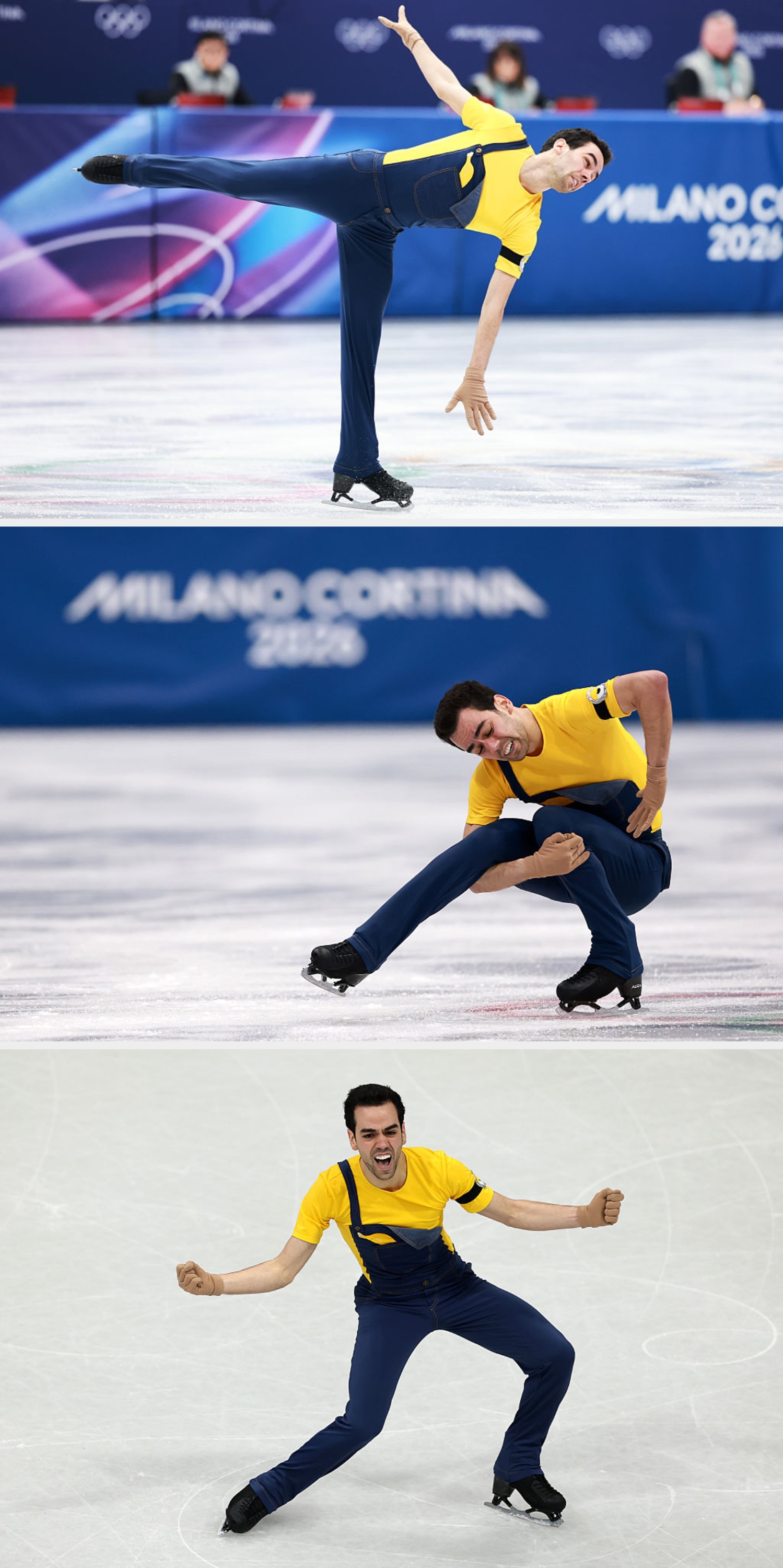 Kunstløper i et stuperende spinn på en konkurranse, iført blå prestasjonsantrekk i overallstil og en gul topp