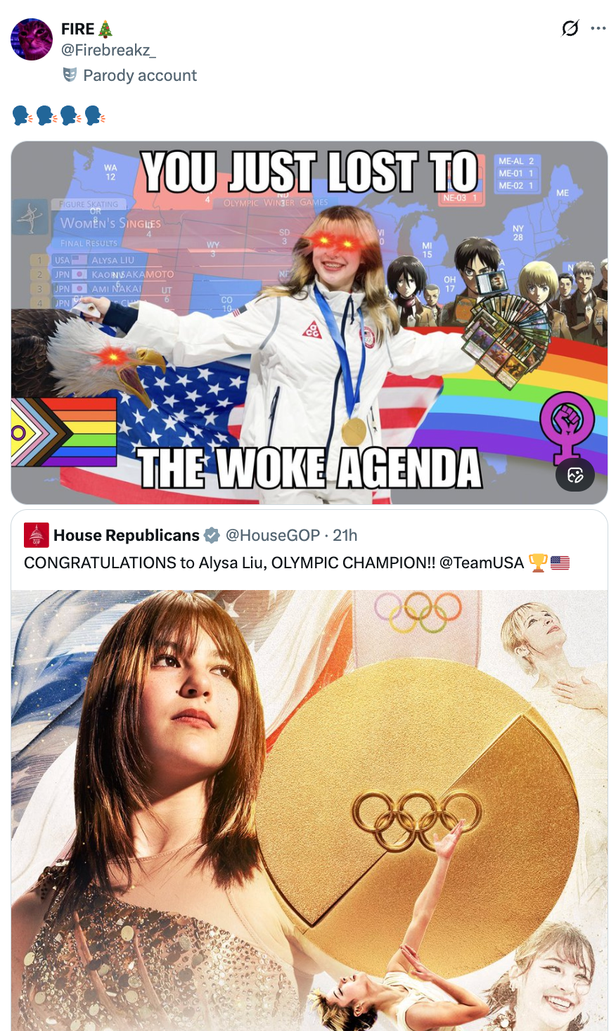 Parodi meme som viser Alysa Liu med glødende øyne ved vinter-OL, og refererer til 