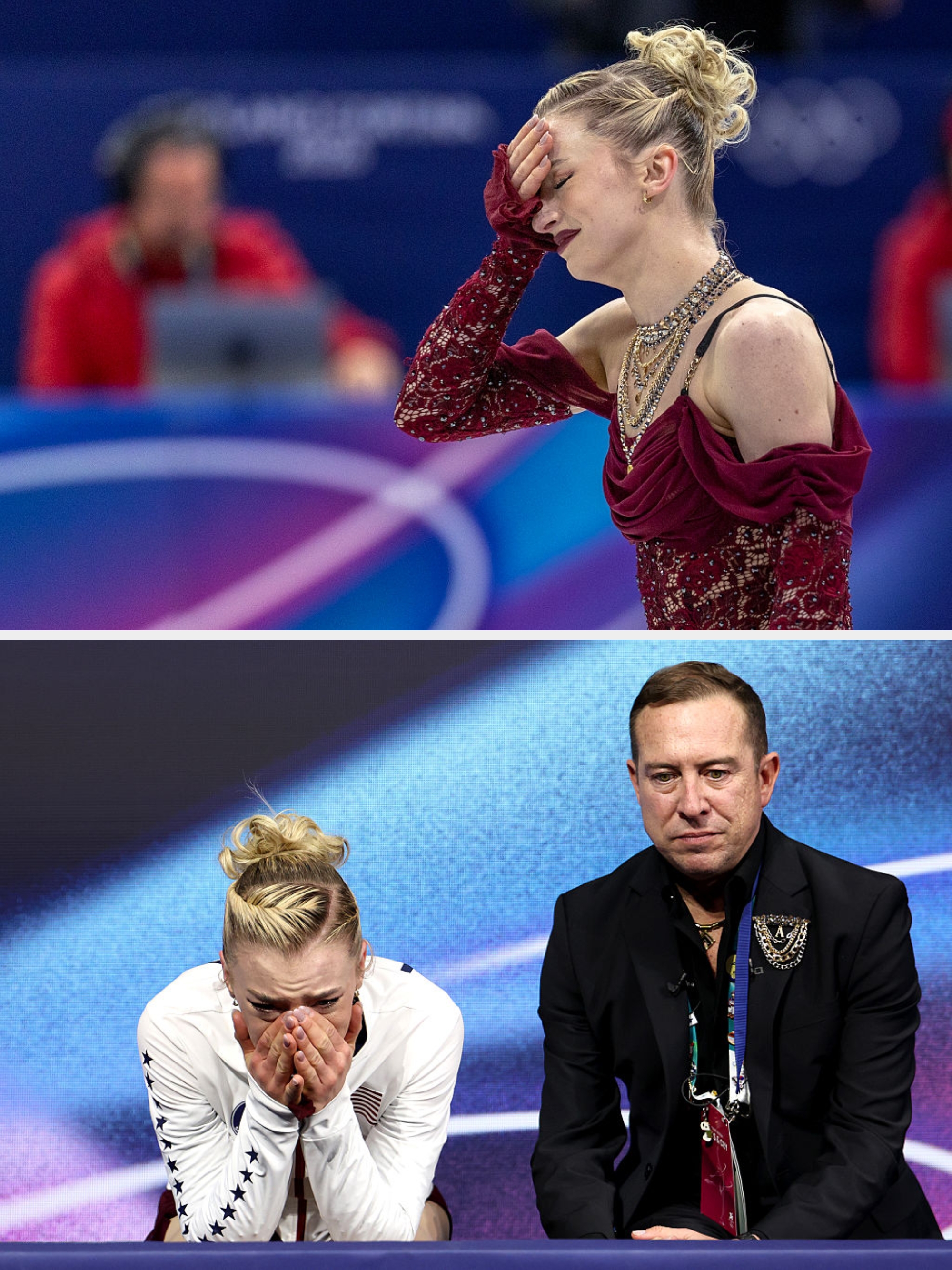 Kunstløper på is, iført paljettdrakt, virker emosjonell med en hånd på pannen under en forestilling