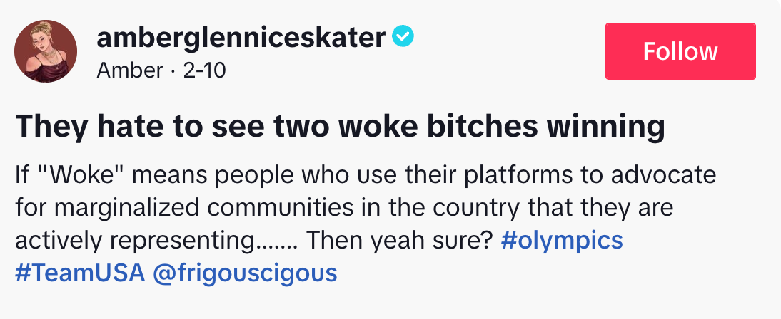 Innlegg på sosiale medier av amberglenniceskater som diskuterer forkjemper, med hashtags #olympics, #TeamUSA, og refererer til marginaliserte samfunn