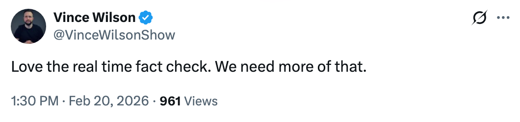 Tweet av Vince Wilson, tidsstemplet 20. februar 2026, og sa 