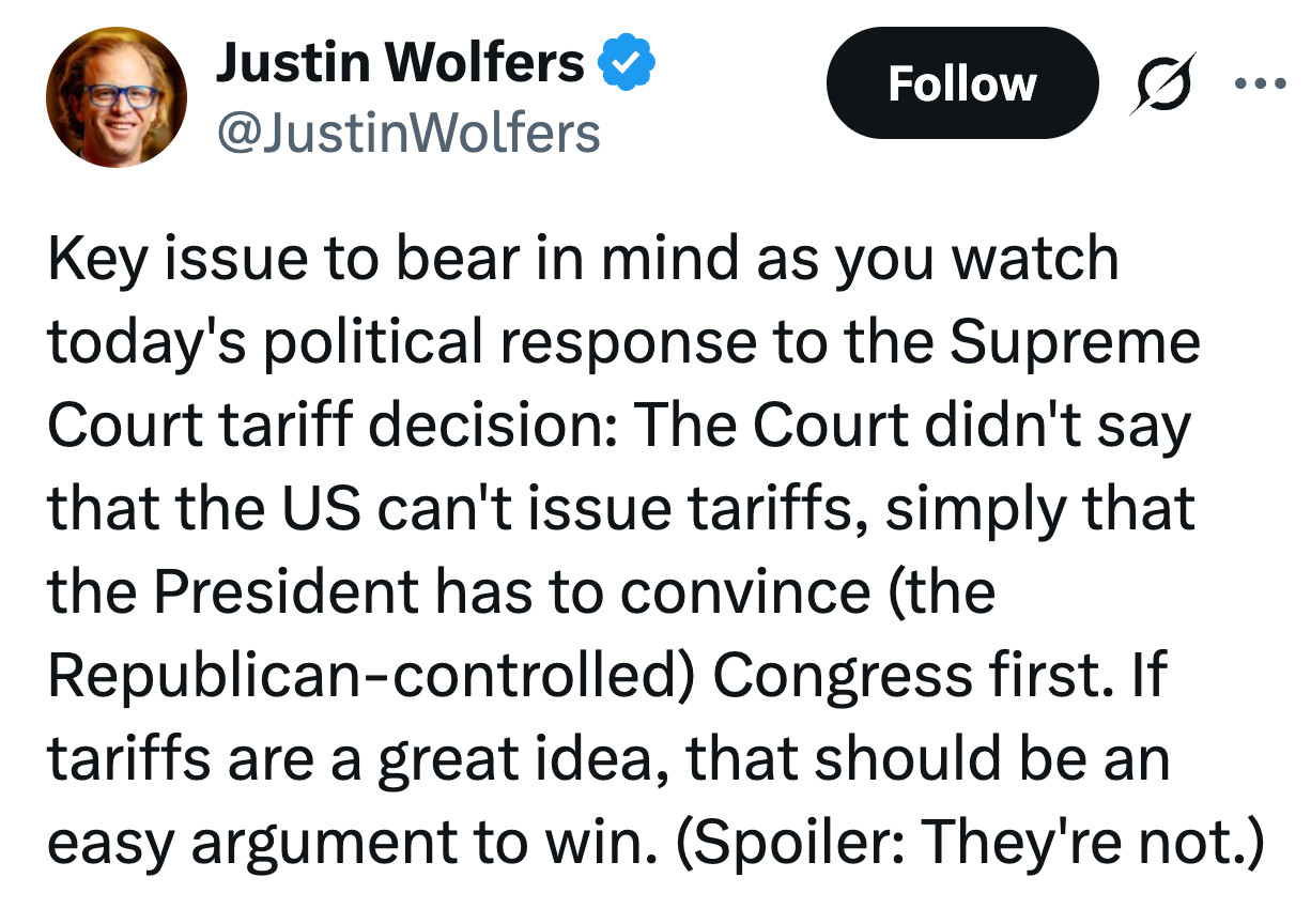 Tweet av Justin Wolfers om høyesteretts tollavgjørelse, som forklarer nødvendigheten av presidentgodkjenning fra kongressen for tariffer