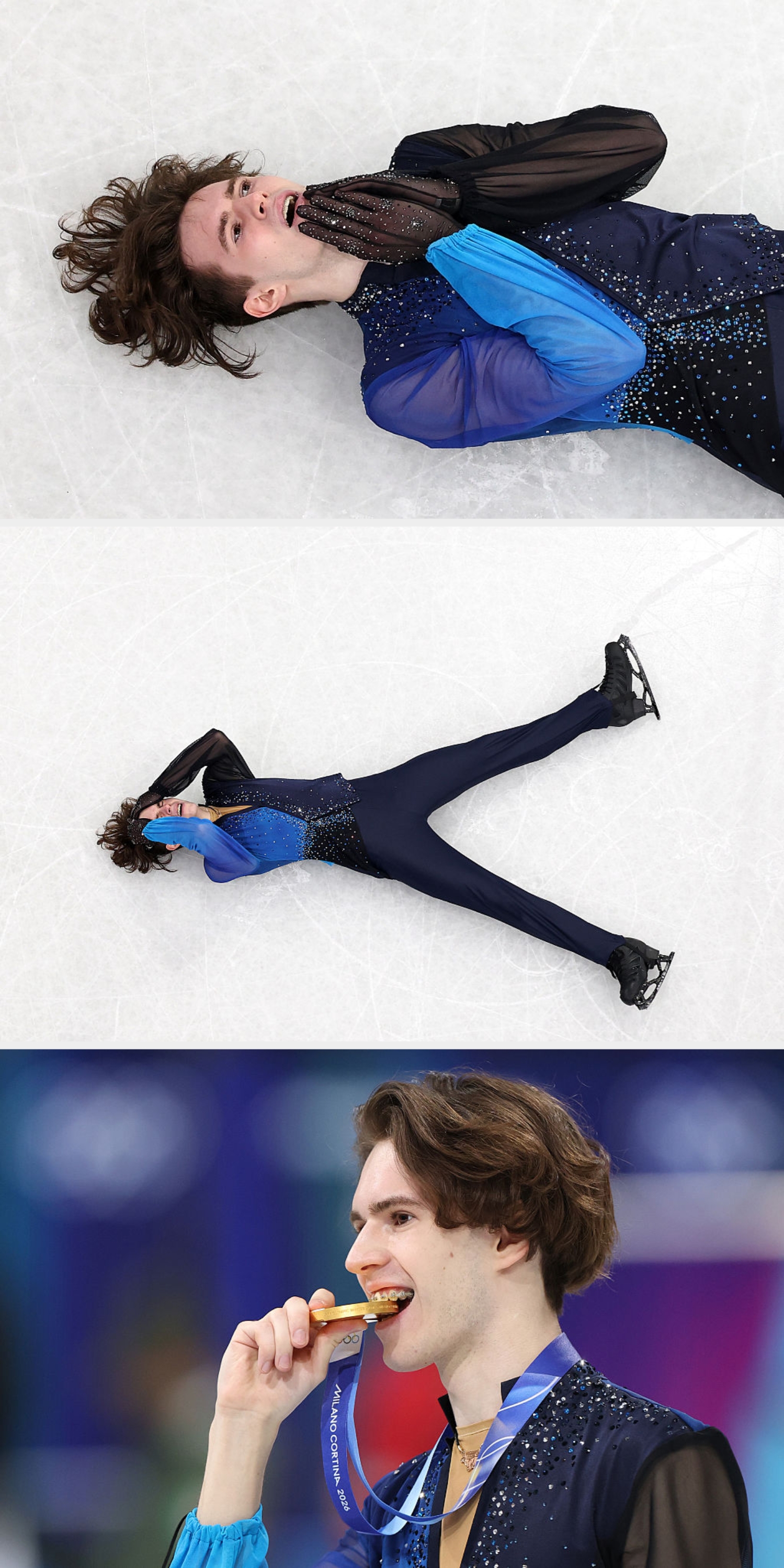 Kunstløper liggende på is, iført et glitrende, gjennomsiktig langermet antrekk. Hendene er nær ansiktet, muligens midt i ytelsen