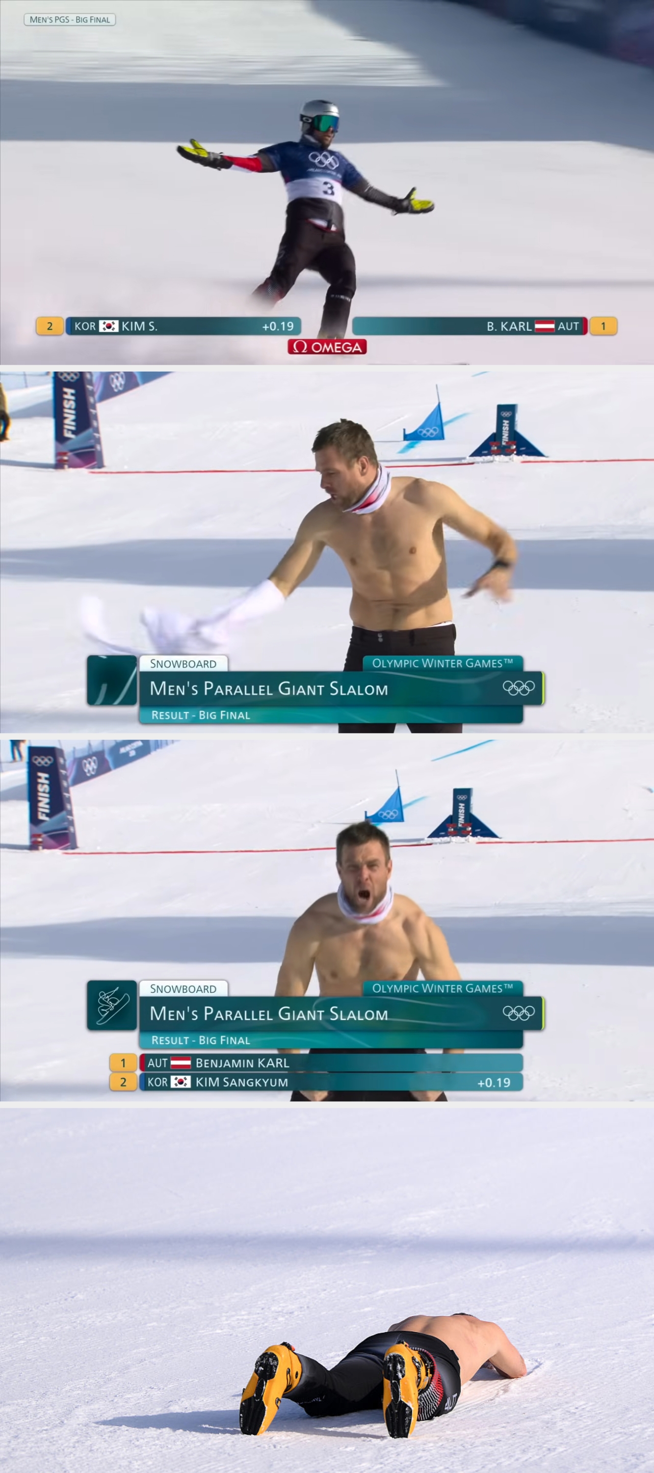 Skiløper i en snødekt skråning, med armene utstrakt, feirer å krysse en timingport. Løpsinformasjon vises nederst