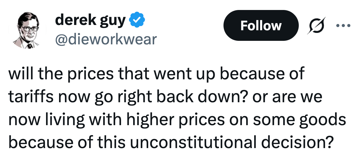 Tweet av brukeren spør om tariffer som forårsaker prisøkninger vil bli reversert etter en grunnlovsstridig beslutning