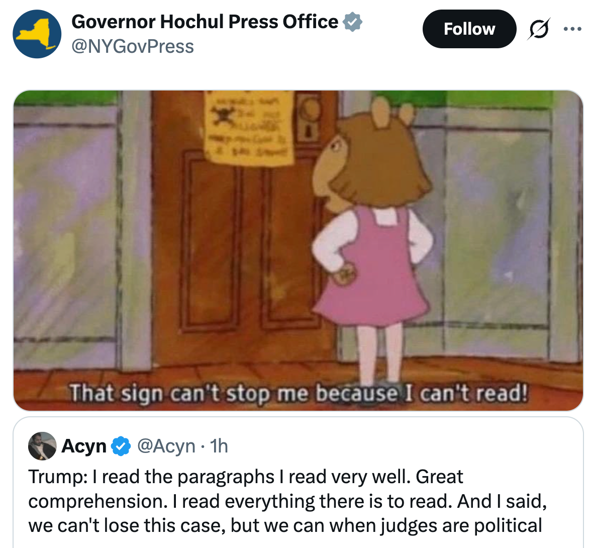 Tegneseriefigur står trassig nær et skilt; teksten nedenfor leser humoristisk at de ikke kan lese den. Skjermbilde av tweet som diskuterer leseforståelse