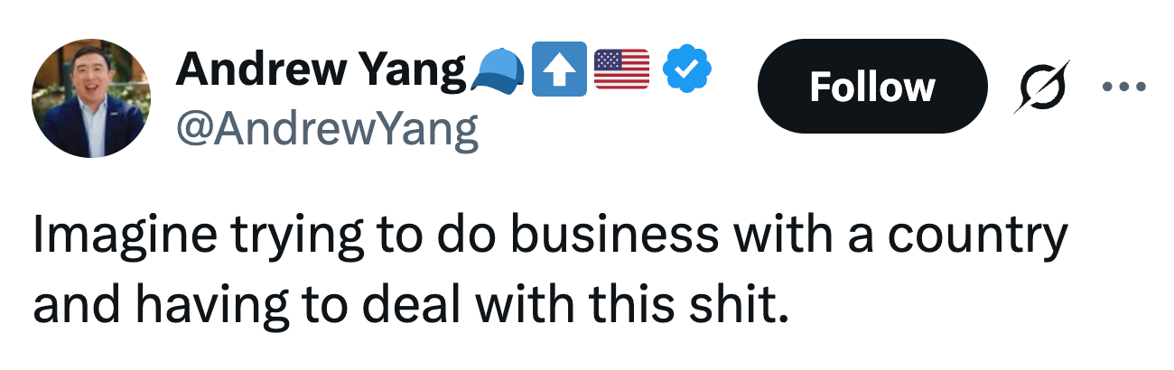 Tweet fra Andrew Yang som sier: 