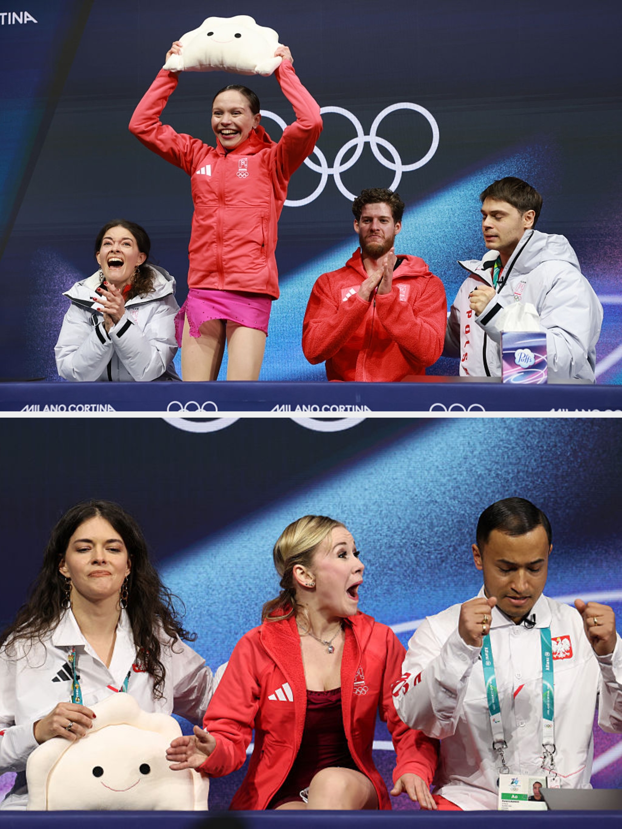 Idrettsutøver feirer med en skypute, smilende, med tre trenere som applauderer ved vinter-OL