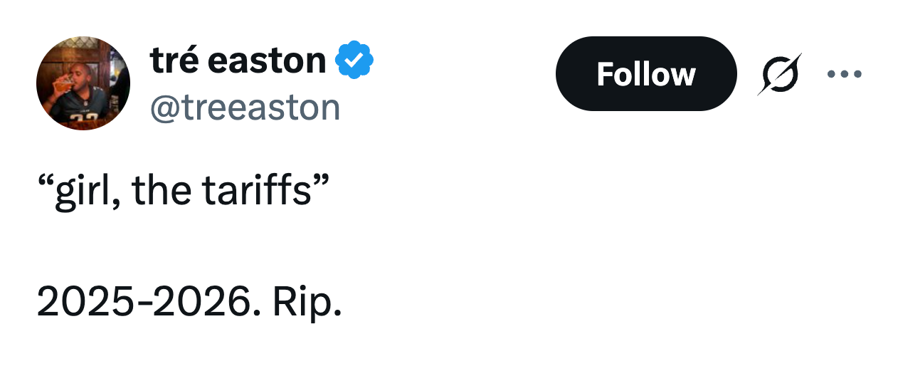 Tweet av tre easton: "jente, tariffene" etterfulgt av 