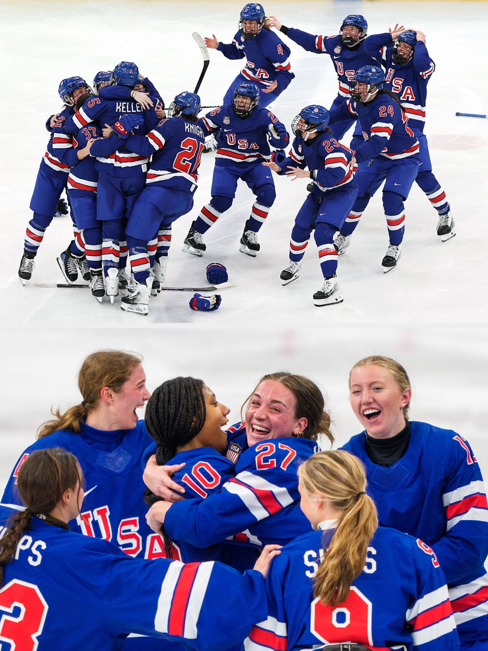 Hockeylag i seiersfeiring på is med USA-trøyer, holder hockeykøller og omfavner hverandre energisk