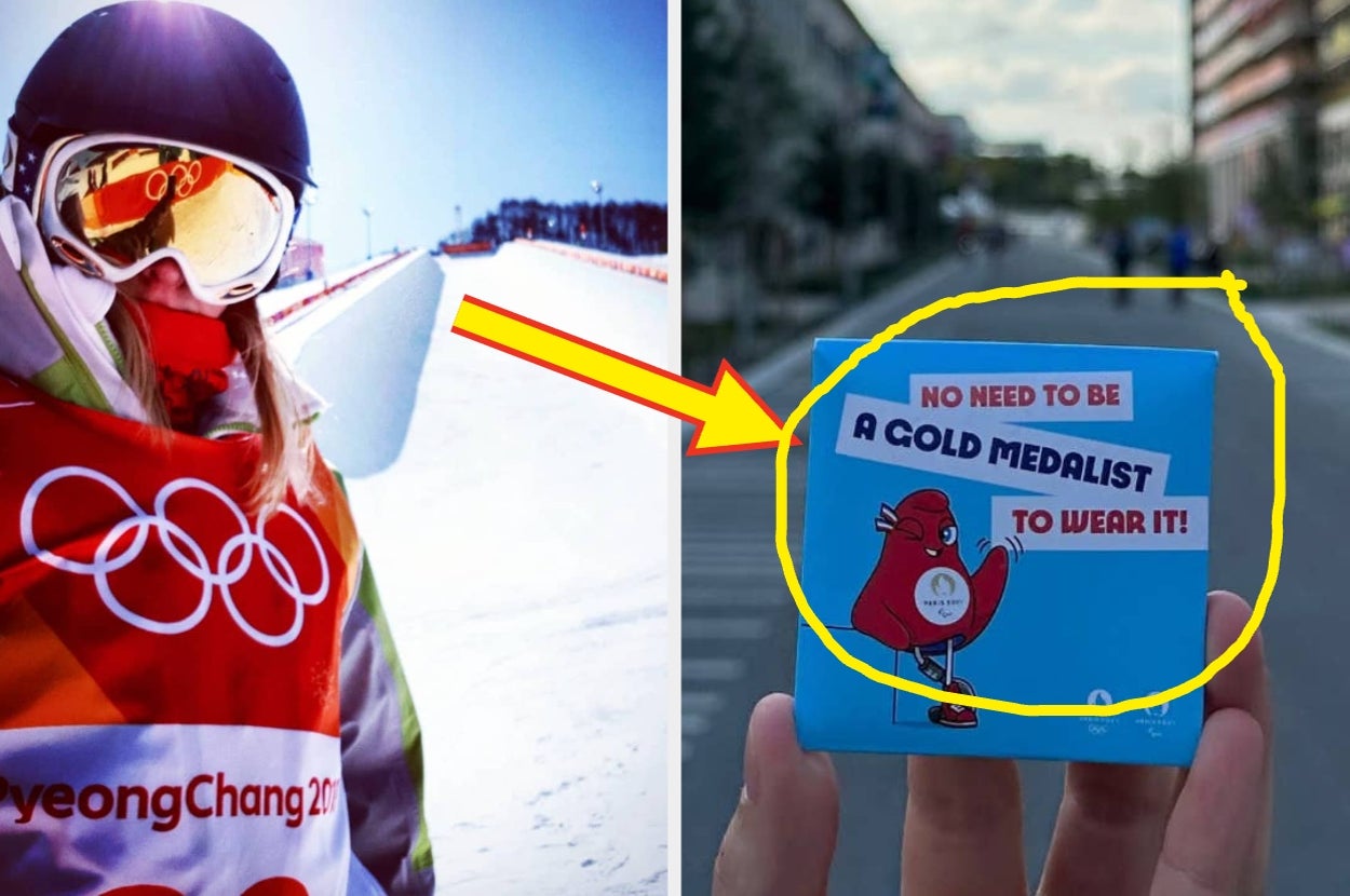 Person at Winter Olympics in ski gear; right side shows a close-up of a blue box with a bird saying, "No need to be a gold medalist to wear it!"