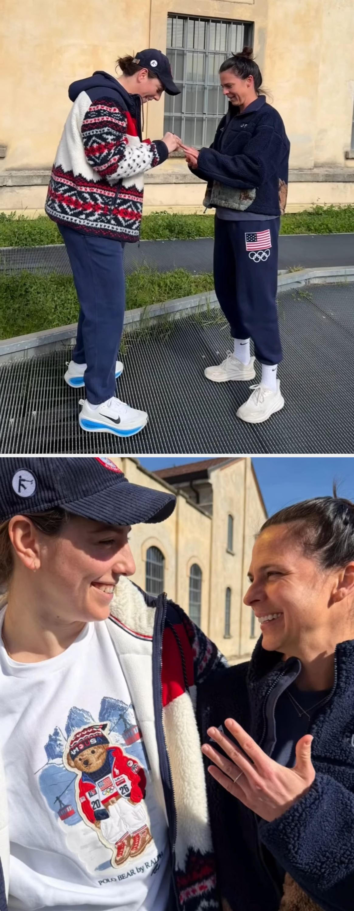 To personer utendørs som bytter ringer, begge kledd i casual, sporty antrekk med gensere og joggesko. En genser har en olympisk logo