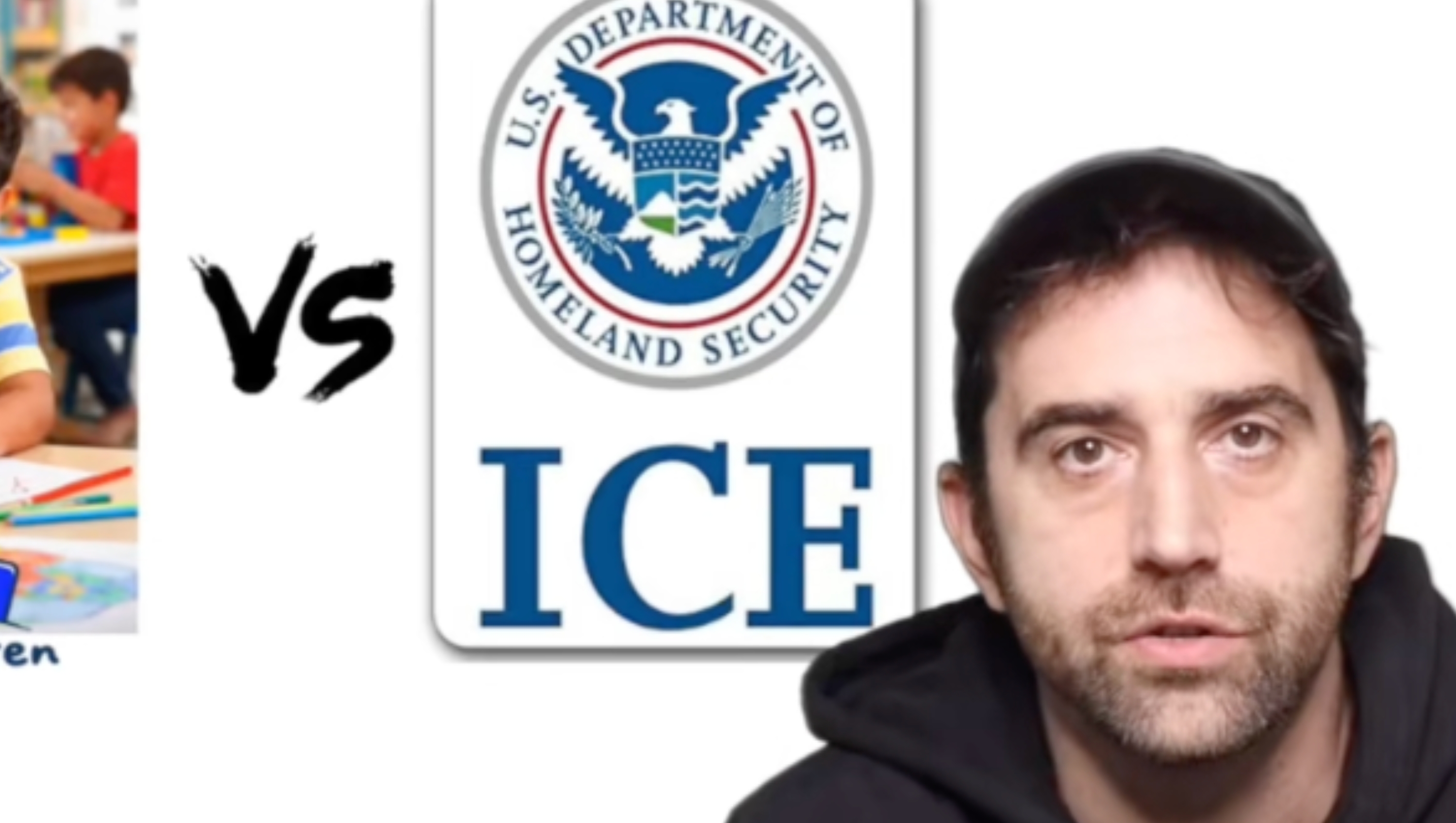 A idiosyncratic   successful  a achromatic  hoodie appears beside logos of ABC Kindergarten and U.S. Department of Homeland Security ICE, suggesting a contrasting theme