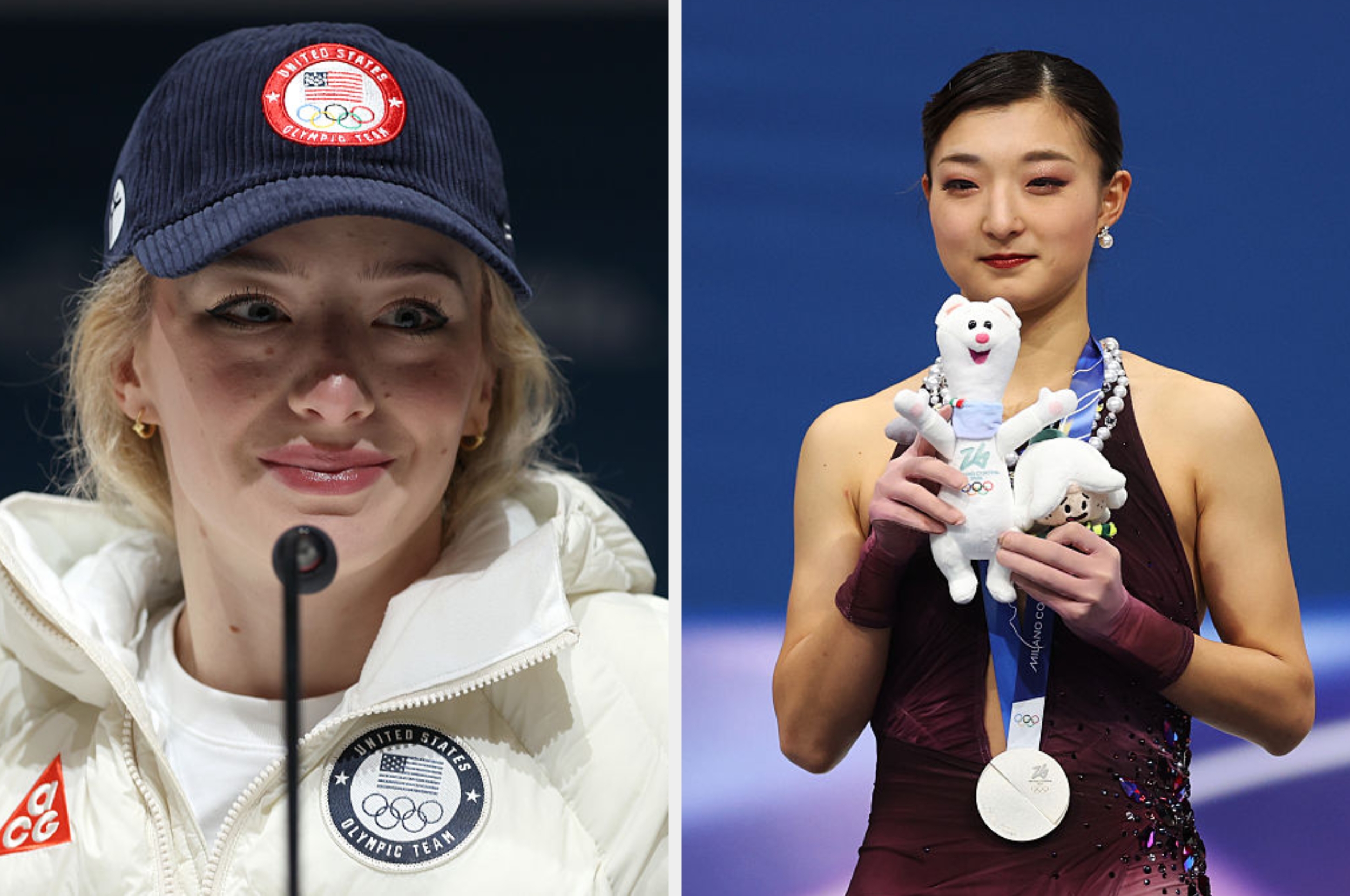 To kvinner på en pressebegivenhet: den ene i vintersportsjakke og caps, den andre i kunstløpsantrekk med medalje og plysjleketøy