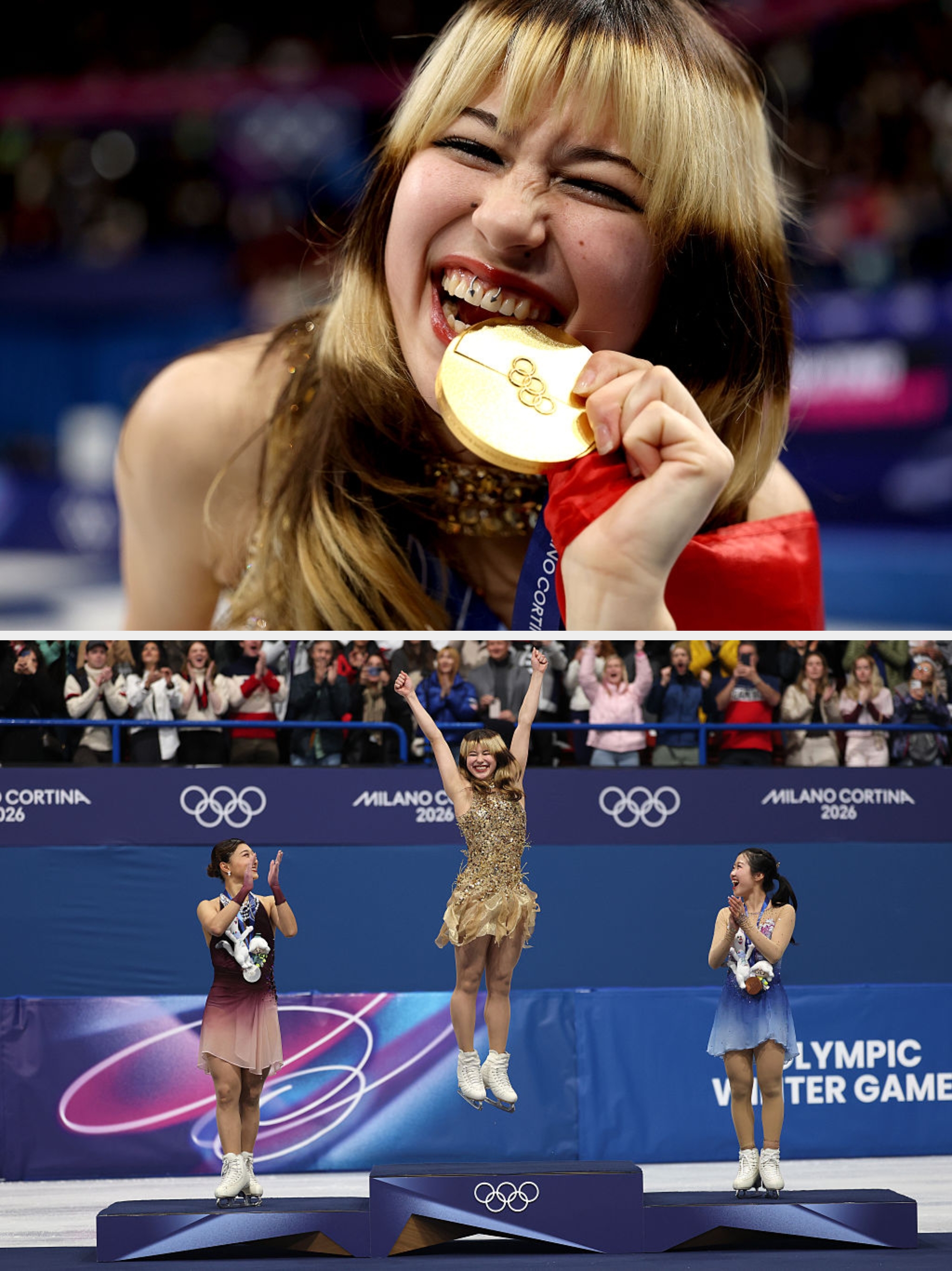 Person som biter en olympisk gullmedalje
