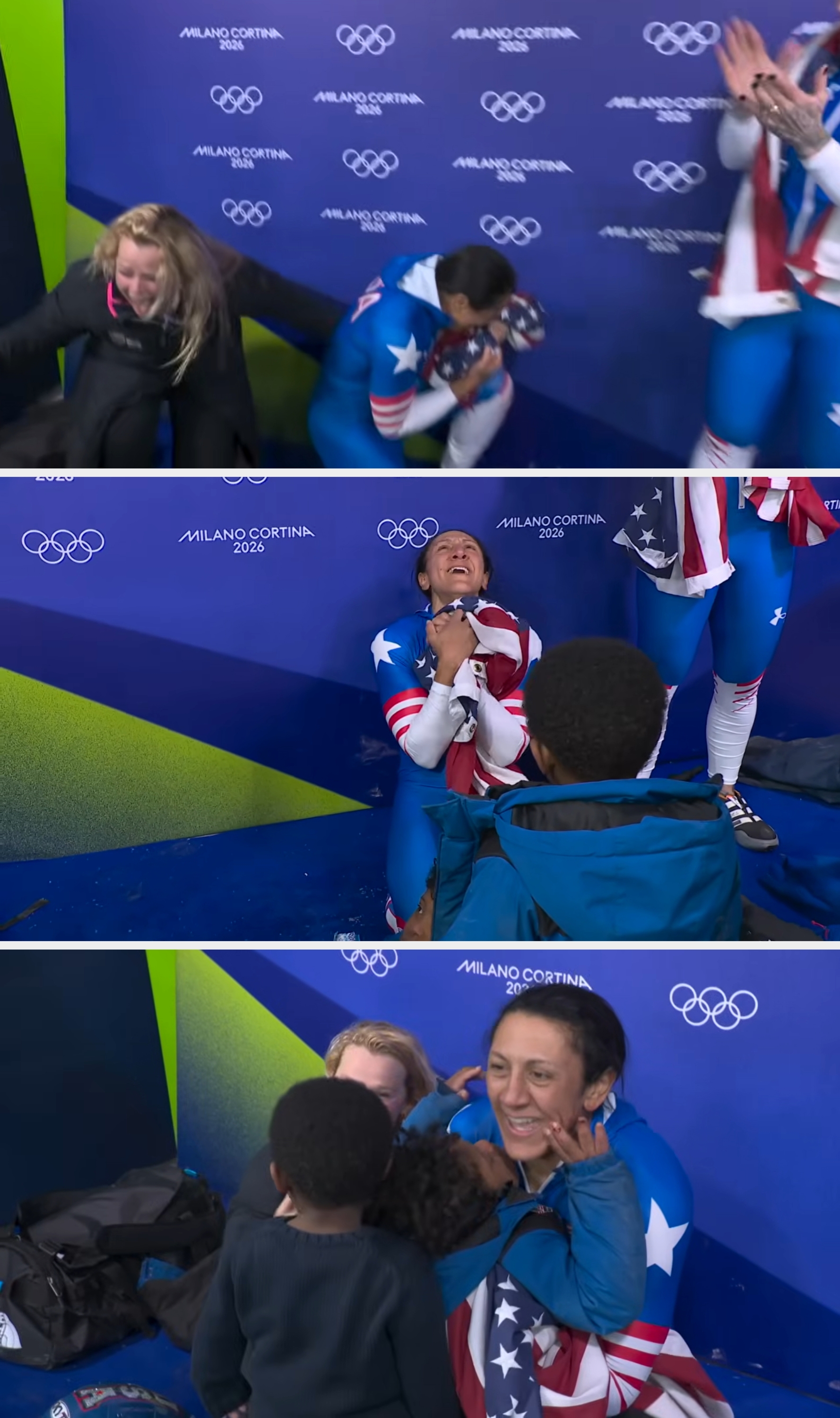 Idrettsutøvere i stjernemønstrede uniformer feirer med glede mot et bakteppe med olympiske logoer, muligens etter et vellykket arrangement