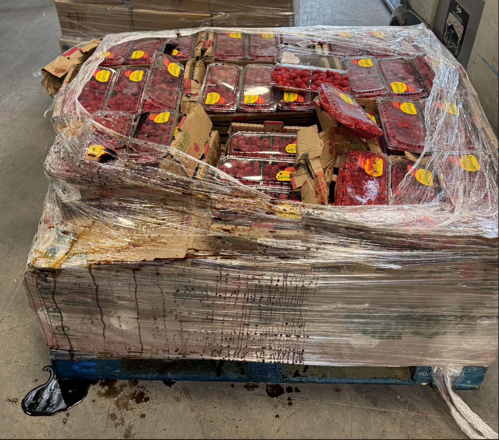 Damaged pallet of berries wrapped in plastic, with some containers crushed and juice leaking out