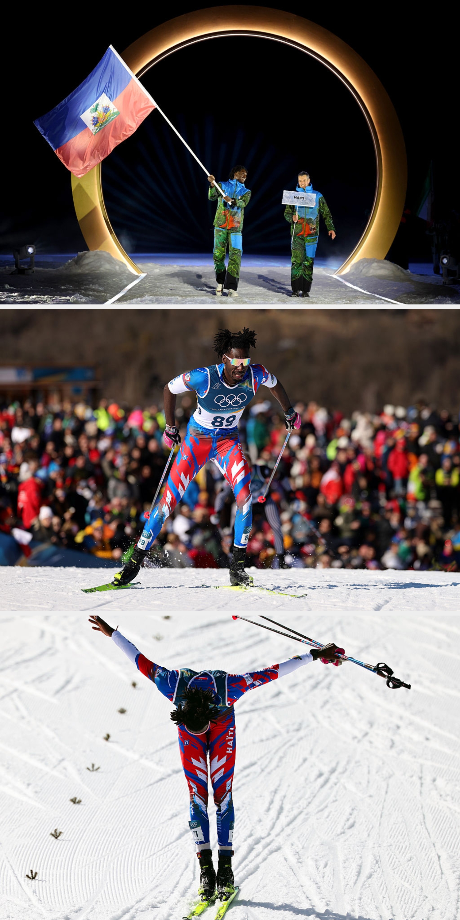 To individer i livlige, mønstrede antrekk går under en sirkelbue. Den ene holder det haitiske flagget, og den andre holder et skilt med teksten 