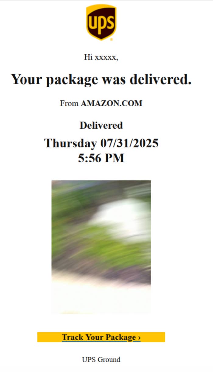 UPS delivery notification for a package with a very blurry photo