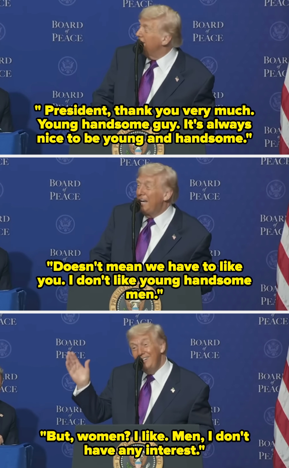 Tre paneler av en mann som snakker ved et podium, og diskuterer humoristisk preferanser for 