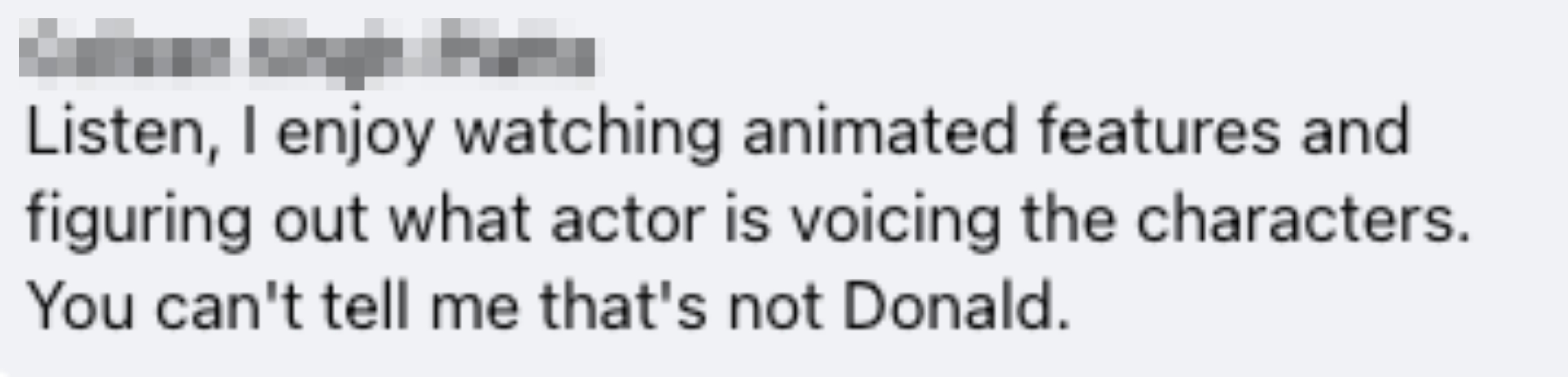 Tekstmelding om å nyte animerte funksjoner og identifisere stemmeskuespillere, med referanse til Donald
