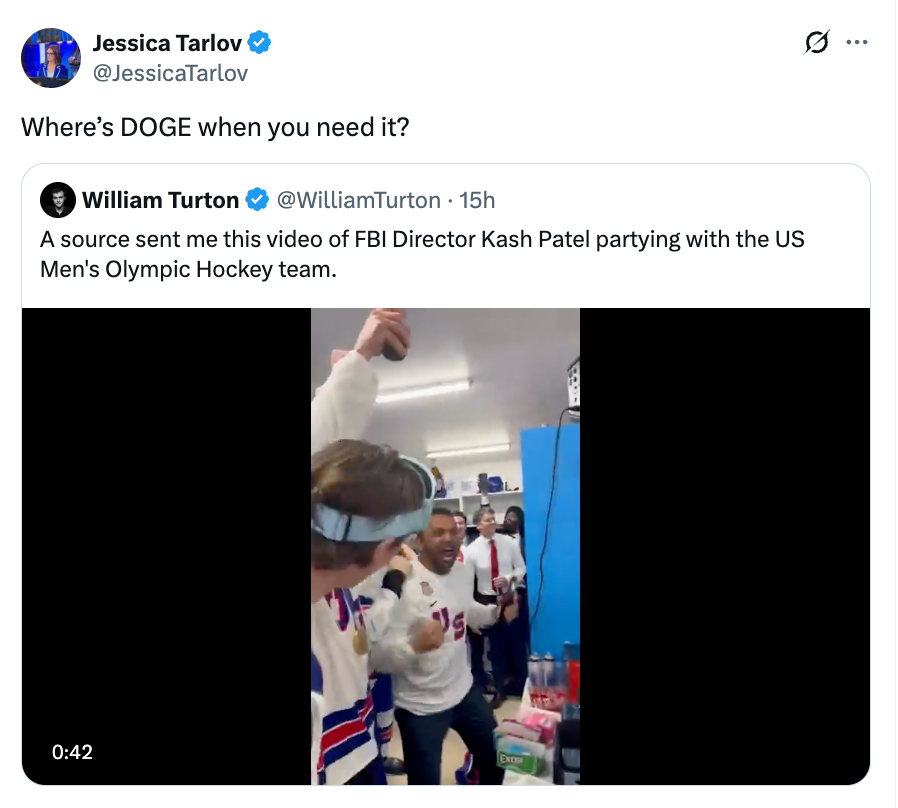 Tweet showing William Turton's video of a idiosyncratic   partying with the US Men's Olympic Hockey squad  successful  a locker room