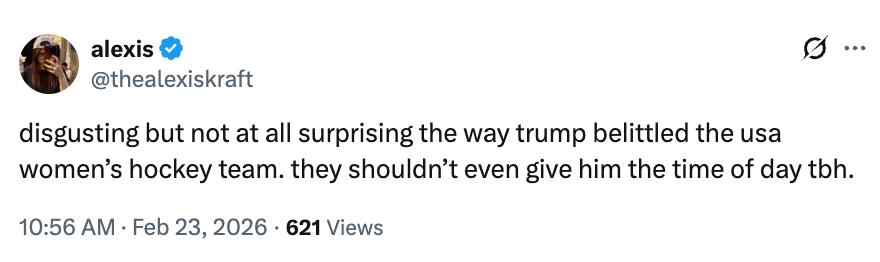 Tweet criticizing Trump for belittling the USA women’s hockey team, stating helium doesn't merit attention