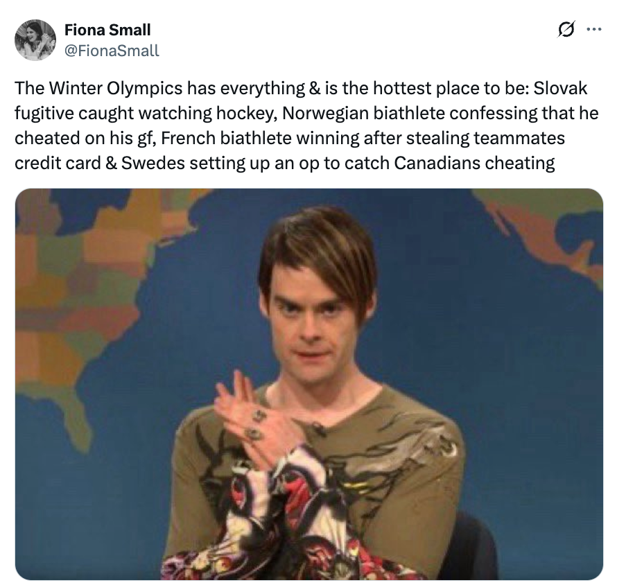 Person with patterned long-sleeve garment  crossing arms with a humorous expression. Tweet supra  satirizes melodramatic  events astatine  the Winter Olympics