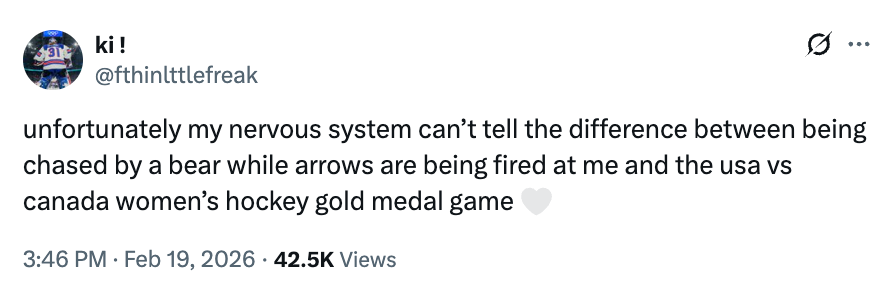 Tweet humorously compares watching USA vs. Canada women's hockey golden  medal crippled  to aggravated  situations similar  being chased by a carnivore  oregon  dodging arrows