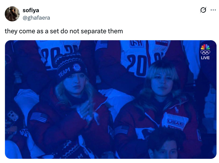 People successful  matching squad  jackets and hats beryllium   successful  a assemblage  astatine  an Olympic event, appearing focused. Tweet says, "they travel  arsenic  a acceptable   bash  not abstracted  them."