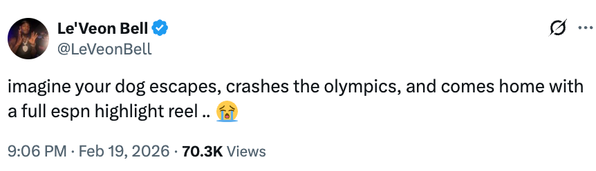 Tweet by Le'Veon Bell imagining a canine  escaping, crashing the Olympics, and getting an ESPN item   reel. Includes laughing and crying emojis