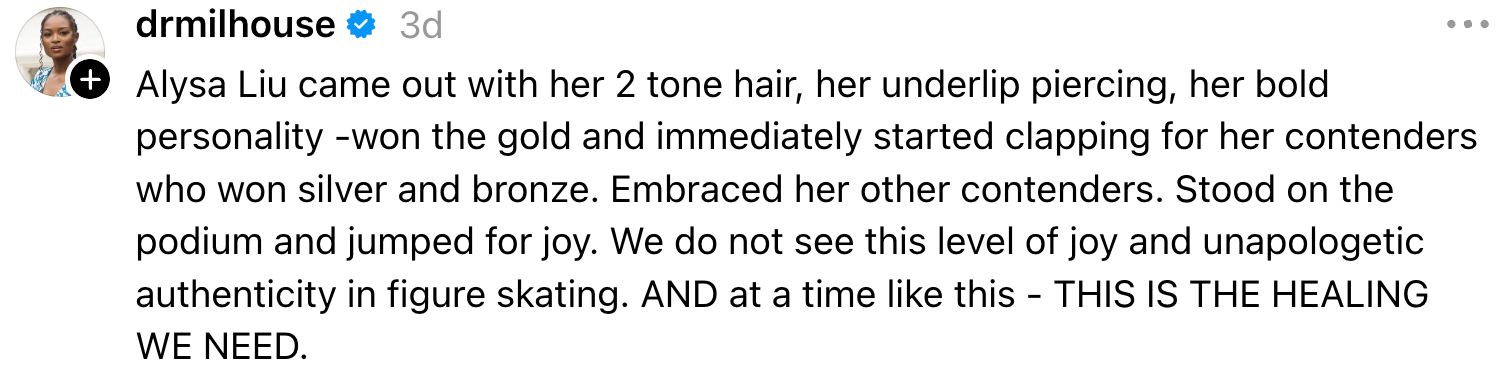 Alysa Liu won golden successful fig skating, celebrated others boldly, and her joyful authenticity is described arsenic healing and inspiring