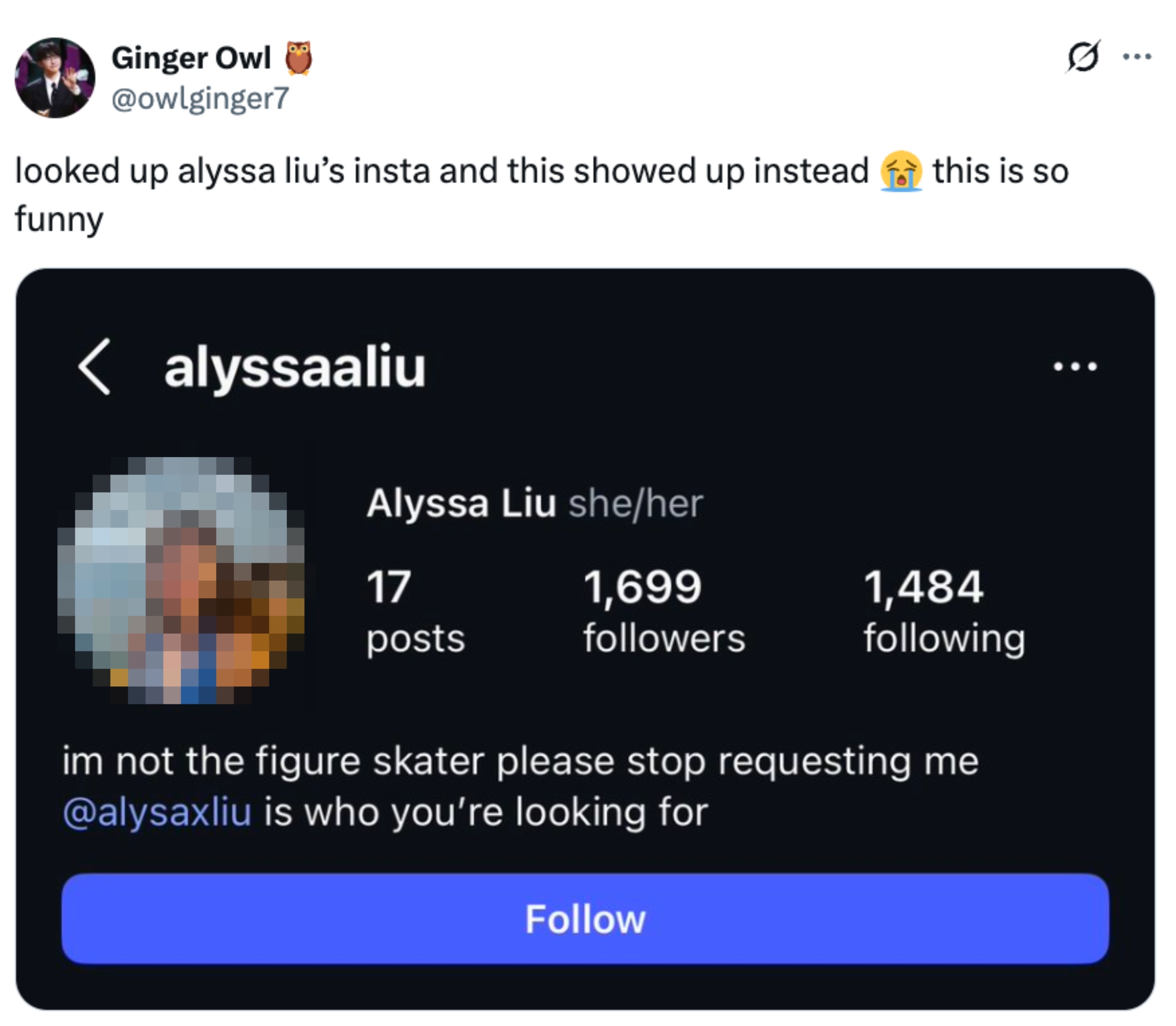 Social media station  showing a antithetic  Alyssa Liu humorously clarifying she is not the fig  skater, asking followers to hunt  for @alysaxliu instead