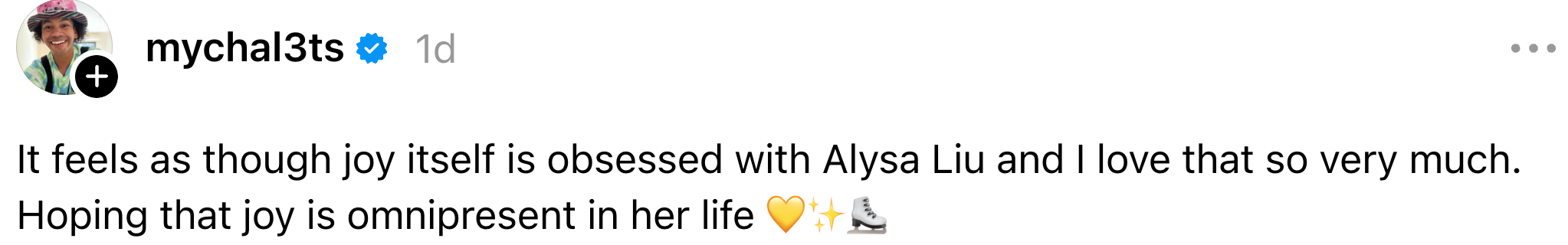 Social media station expressing admiration and joyousness for Alysa Liu, wishing her continuous happiness