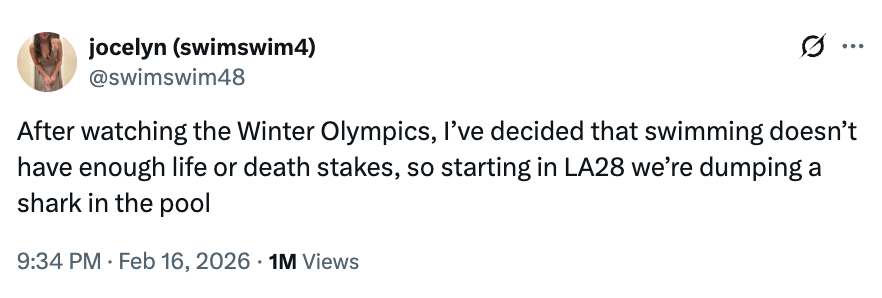 Tweet by idiosyncratic    jocelyn (swimswim4) jokes astir  adding a shark to the excavation  successful  LA28 Olympics for much  excitement