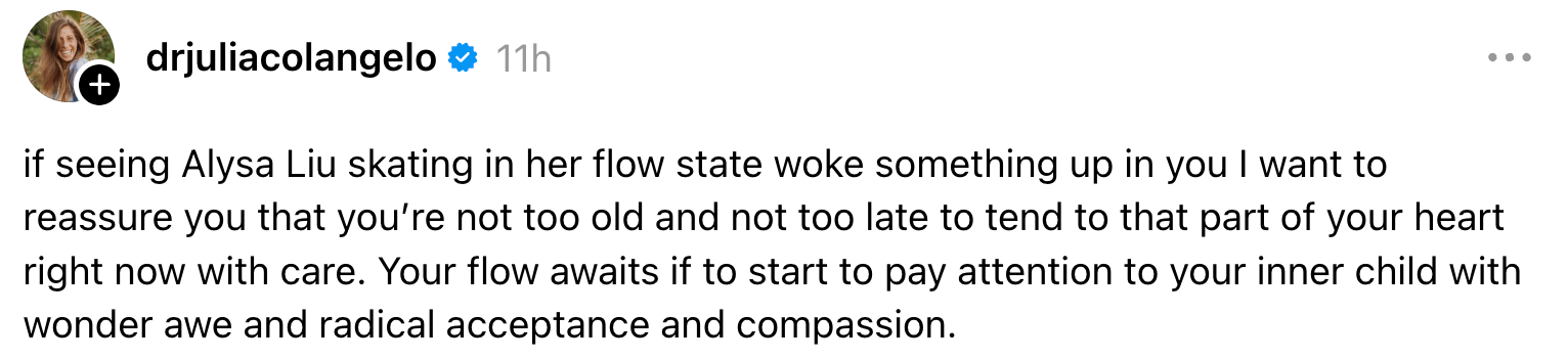 The substance encourages embracing one's interior child, inspired by Alysa Liu's skating, with wonder, acceptance, and compassion