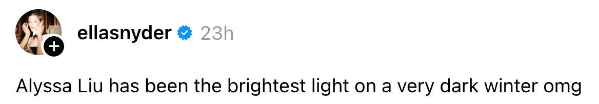 A societal media station stating, "Alyssa Liu has been the brightest airy connected a precise acheronian wintertime omg," with a illustration picture