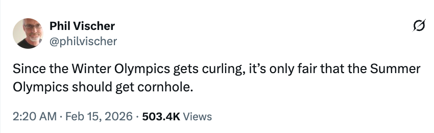  "Since the Winter Olympics gets curling, it's lone  just  that the Summer Olympics should get   cornhole." 503.4K views