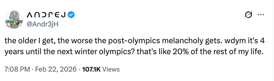 Tweet by @Andr3jH expressing melancholy implicit    the four-year hold   for the adjacent  Winter Olympics, noting it's 20% of their remaining life