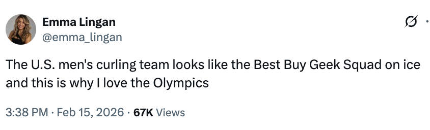  "The U.S. men's curling squad  looks similar  the Best Buy Geek Squad connected  crystal  and this is wherefore  I emotion  the Olympics."