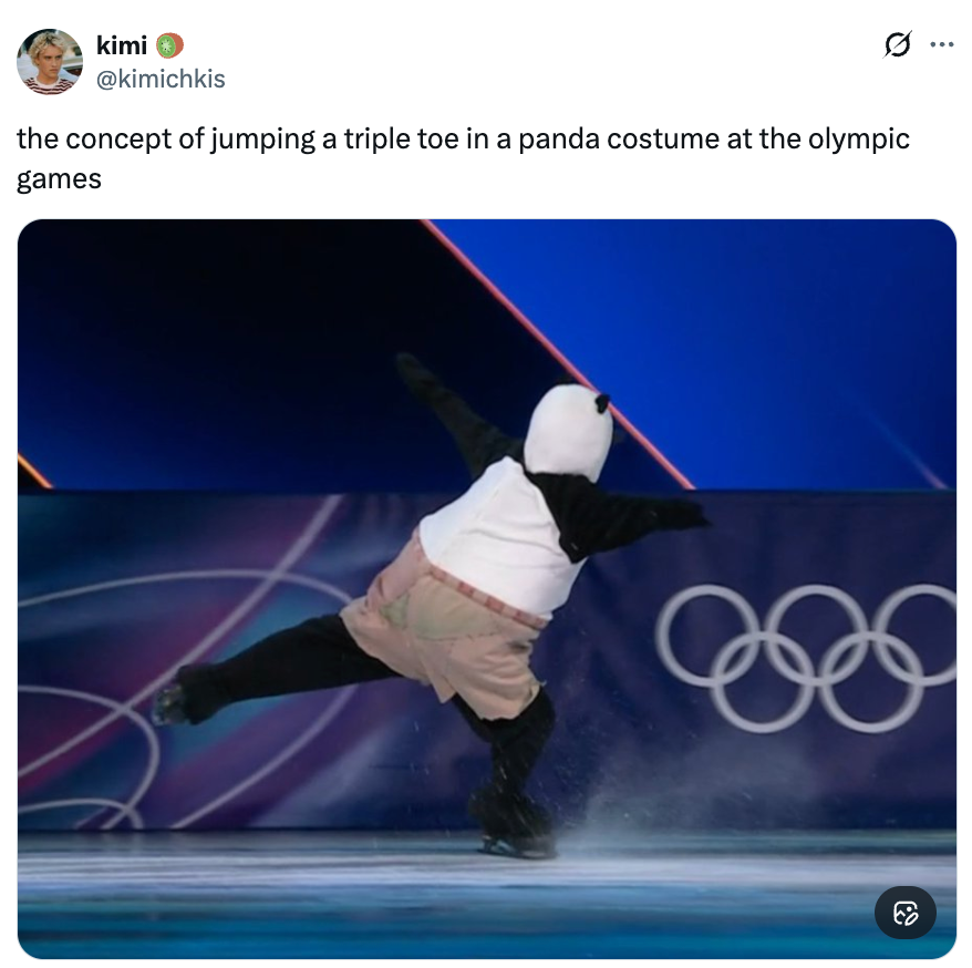 Figure skater successful  a panda costume performs a leap  connected  the crystal  astatine  the Olympic Games